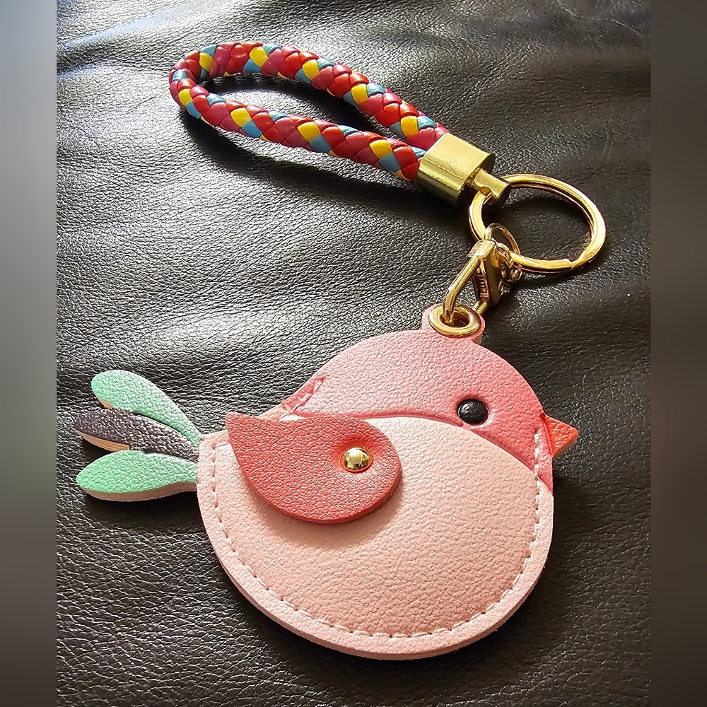 Colorful Pink Bird Vegan Leather Air Tag Holder Keychain with Braided Strap NWOT - Picture 3 of 9